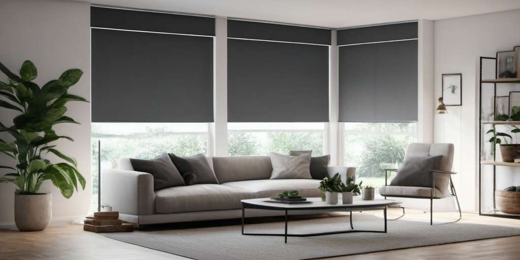 Blackout Roller Shades.A modern living room features a large beige sofa, an armchair, and a rectangular coffee table. The windows are adorned with blackout roller shades, and there are several plants and framed pictures. Soft light fills the space, creating a cozy atmosphere.