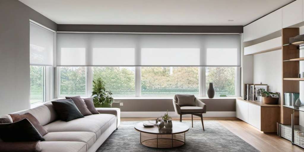 Roller Shade Blinds.A modern living room with large windows featuring roller shade blinds, a light gray sofa, a round coffee table, and an armchair. Shelving units and potted plants decorate the space. Neutral tones and natural light create a cozy and inviting atmosphere.