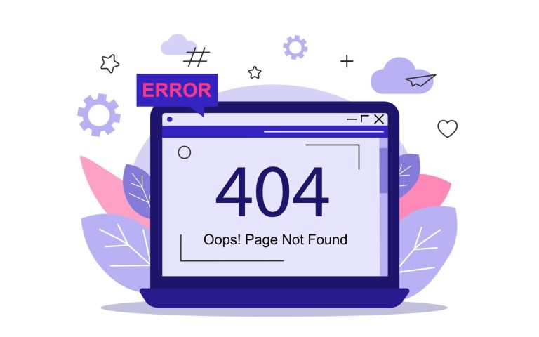 Illustration of a laptop screen displaying a "404 Oops! Page Not Found" error message. The laptop is surrounded by abstract shapes, gears, and plant elements. A red "ERROR" label also appears above the screen.