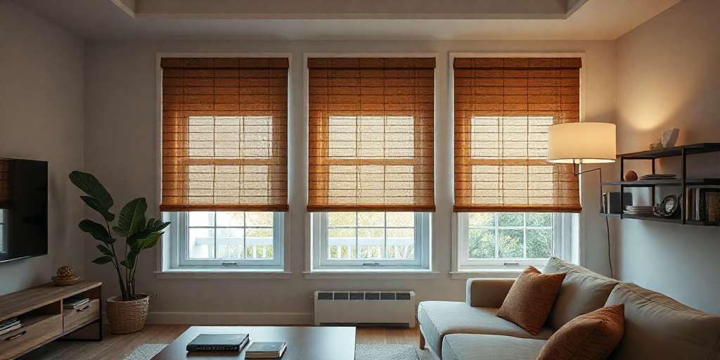 A cozy living room with a light beige sofa, orange cushions, and a potted plant. Three windows with bamboo shades let in natural light. A floor lamp stands beside the sofa, and a flat-screen TV is on the opposite wall.