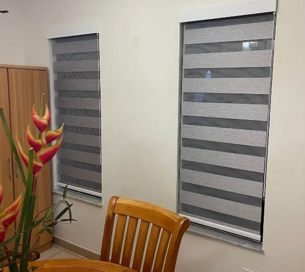 A room with two windows adorned with gray striped window-blinds, a light wooden dining table with matching chairs, and a vibrant red heliconia flower arrangement in the foreground.